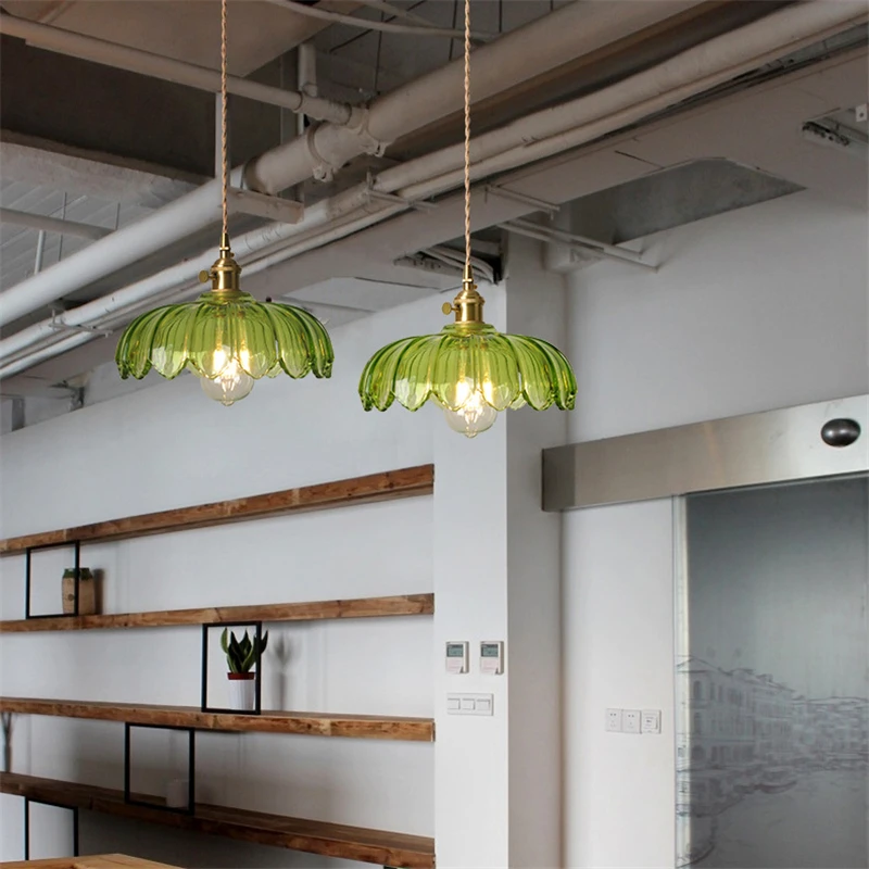 

Nordic Retro Green Glass Lampshade Pendant Light Creative Single Head Blass E27 Hanging Lamp Home Hotel Cafe Decor Lamp