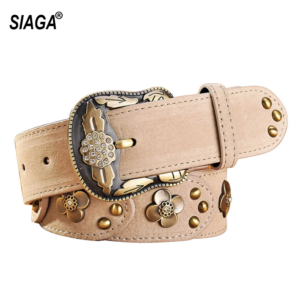 Ladies Fashion Quality Cow Genuine Leather Retro Floral Buckles Metal Belts for Female Belt Women 3.9cm Wide LDFC001