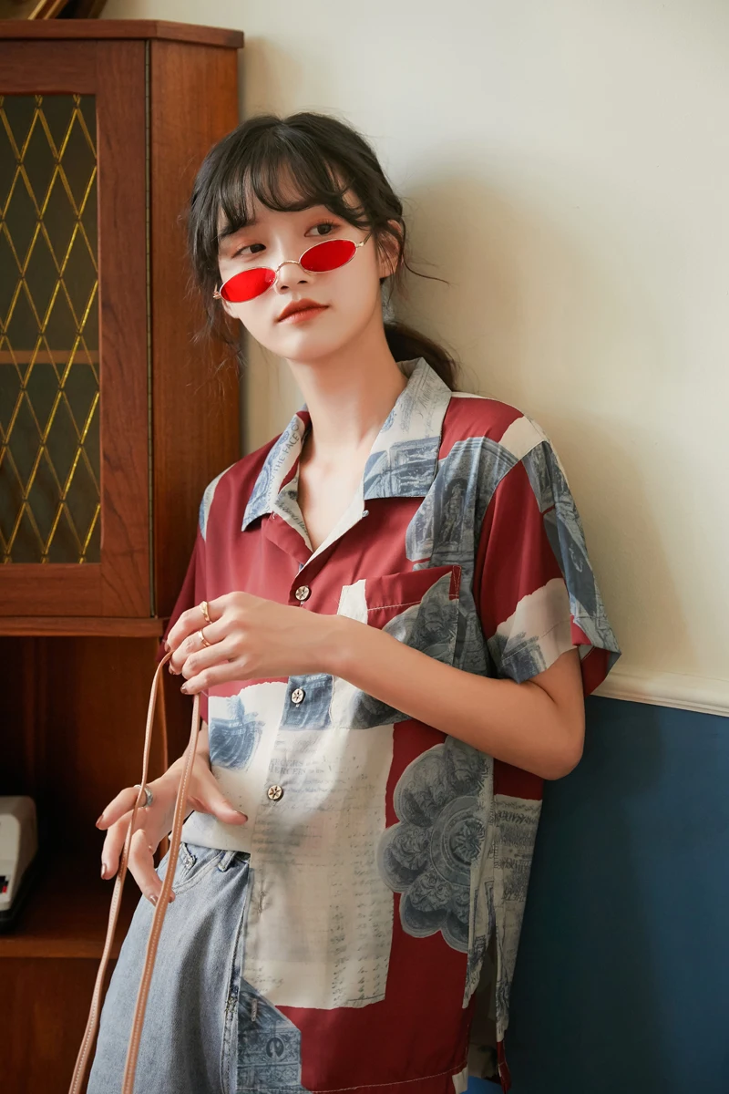 

2021 Summer Women Vintage Short Sleeve Button Print Shirt Female Streetwear Harajuku Loose Casual Girls Shirts Tops Blouse