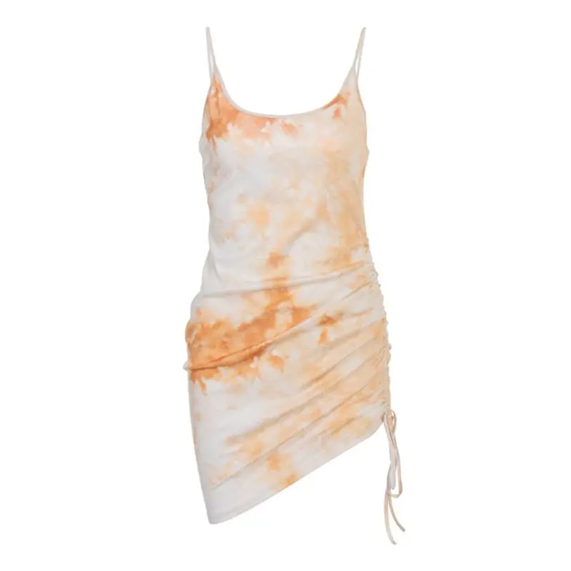 

Women Sleeveless Ribbed Ruched Drawstring Tie-Dye Backless Bodycon Mini Dress Y5GC
