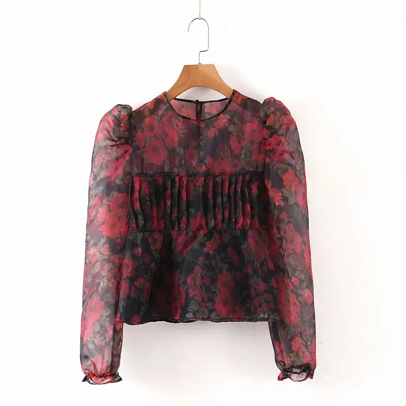 Женская винтажная блузка из органзы с цветочным принтом плиссированные рубашки