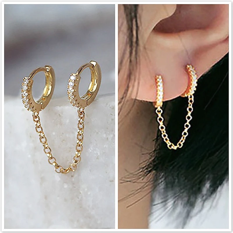 

Huitan One PCS Hot Sale Two Hole Piercing Earrings for Women Brilliant Crystal Zircon 3 Metal Color Chain Earring Party Jewelry