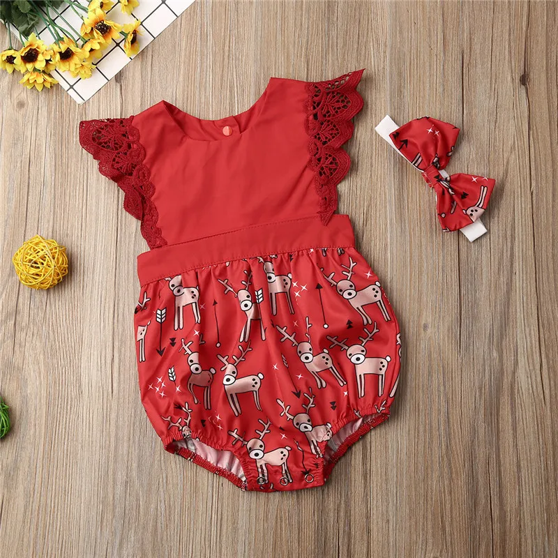 

Милая детская Рождественская одежда для маленьких девочек Боди без рукавов с рюшами и круглым вырезом, с животным принтом, повязка на голов...