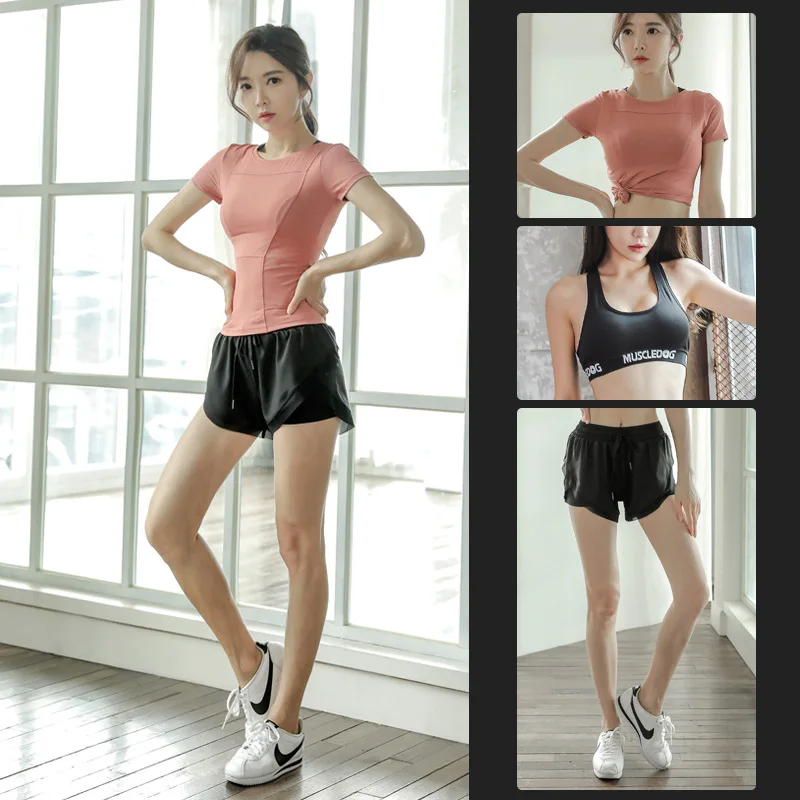 

2/3PCS 2020 Korean version of fitness yoga suit women's quick-drying breathable aerobics running short-sleeved shorts suit XL
