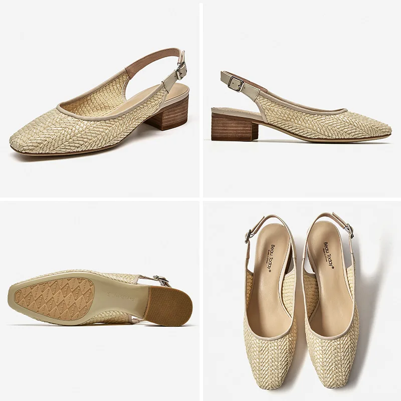 

BeauToday Mid Heel Sandals Women Natural Straw Square Toe Back Strap Retro Lady Shallow Shoes Handmade 31165