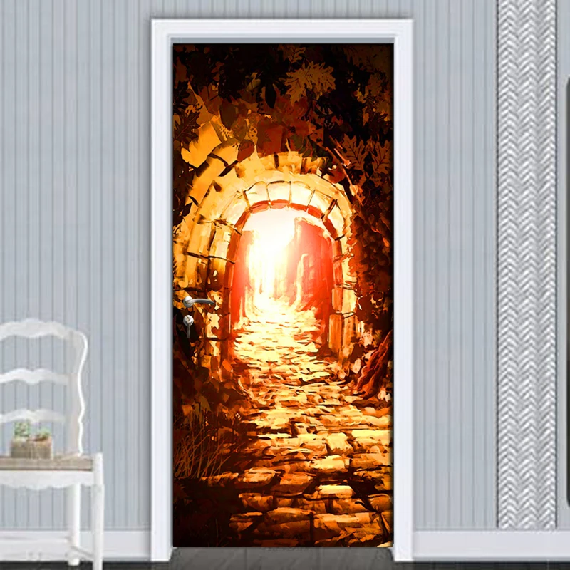 Наклейка на дверь картина маслом водостойкая пещера гостиная обои для двери