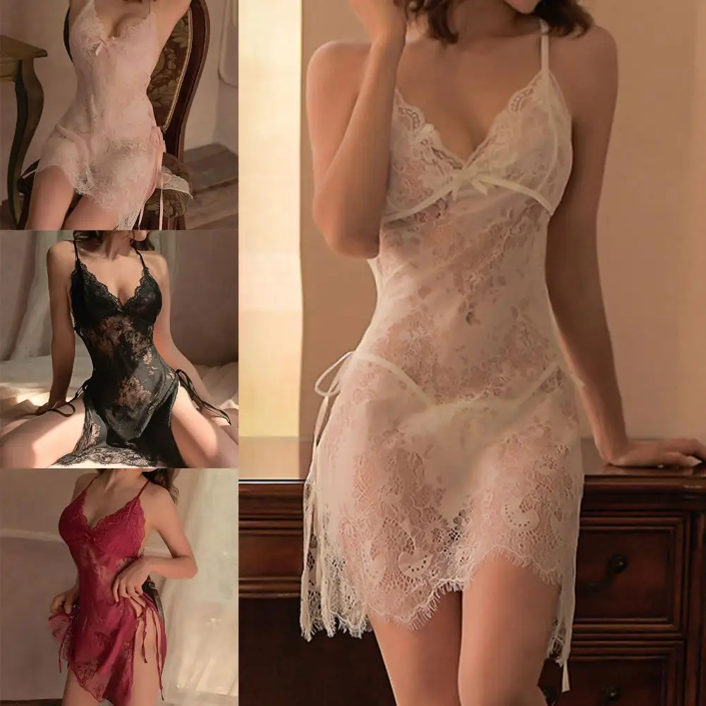 

Sexy Nightdress Women Sexy Hollow Lace Spaghetti Strap Dress Women Sleepwear Sexy Night Dress Women Nightgowns with G-string