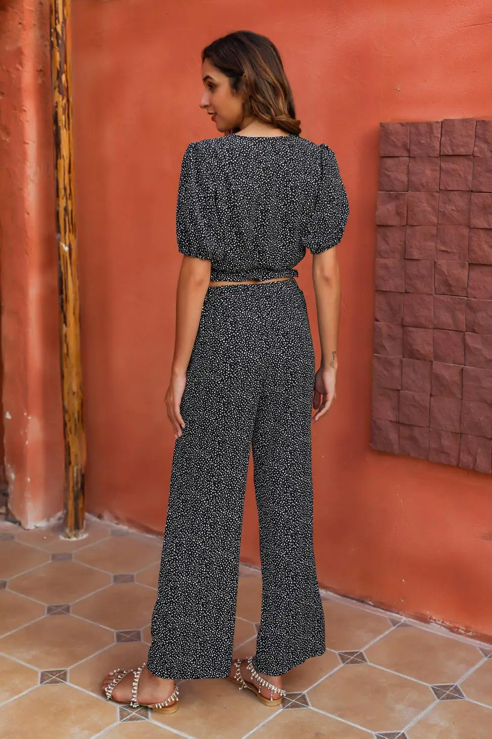 2020 European and American women's summer Jumpsuit short sleeve V-neck wide leg pants Jumpsuit