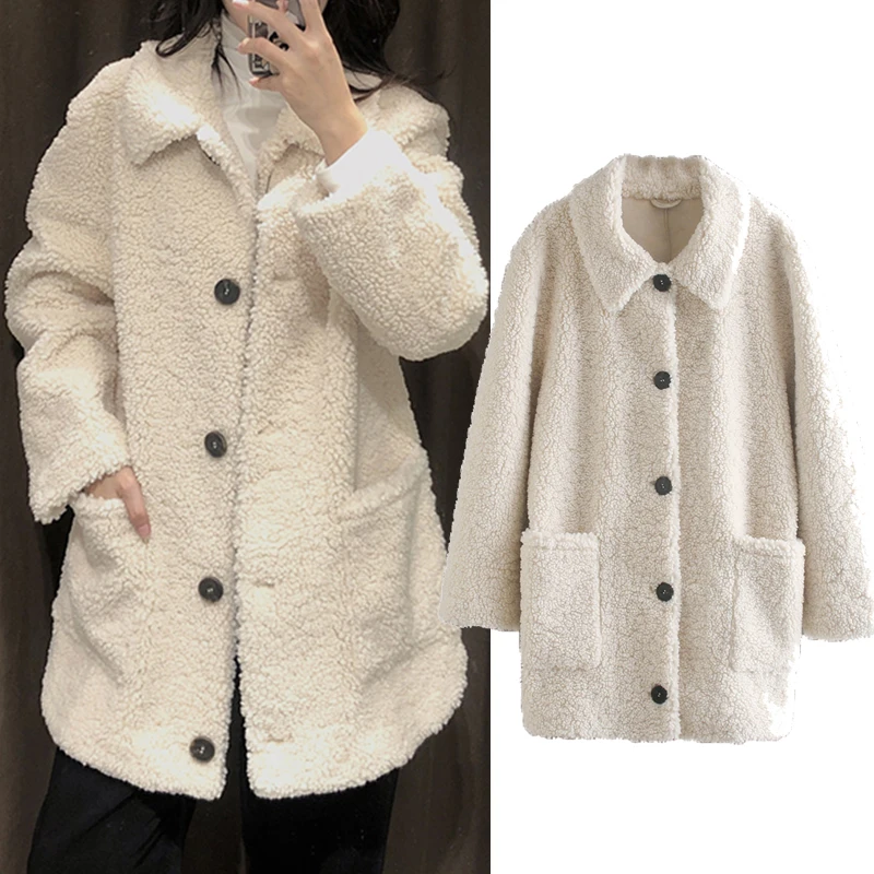 

za 2020 Fashion Lamb Wool Autumn Winter Coat Women Jacket Fleece Shaggy Warm Cropped Jackets Overcoat Single Breasted Outwear