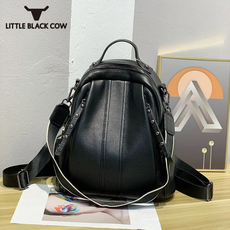 

Women Genuine Leather Cowhide Backpack Street Fashion New Solid Color Shoulder Backpack Zipper Travel School Backpack Female