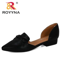 royyna 2020 new designers bowknot shiny leather chunky low heels single shoes woman comfortable pointed toe pumps zapato mujer