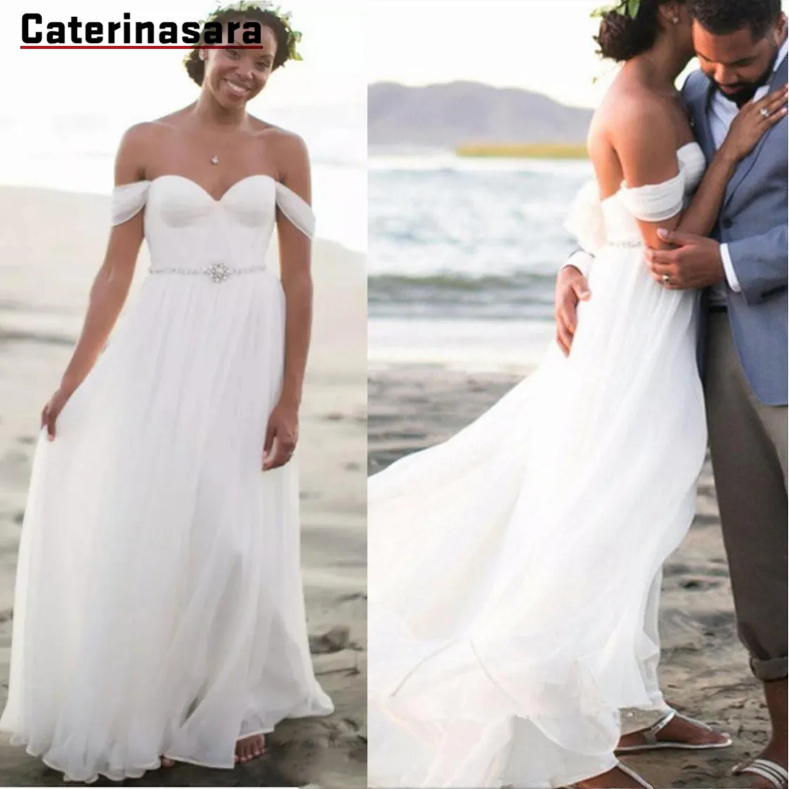 

Off-the-Shoulder Chiffon A Line Wedding Dresses Vestidos De Noiva Bridal Gowns with Lace-up Custom Made