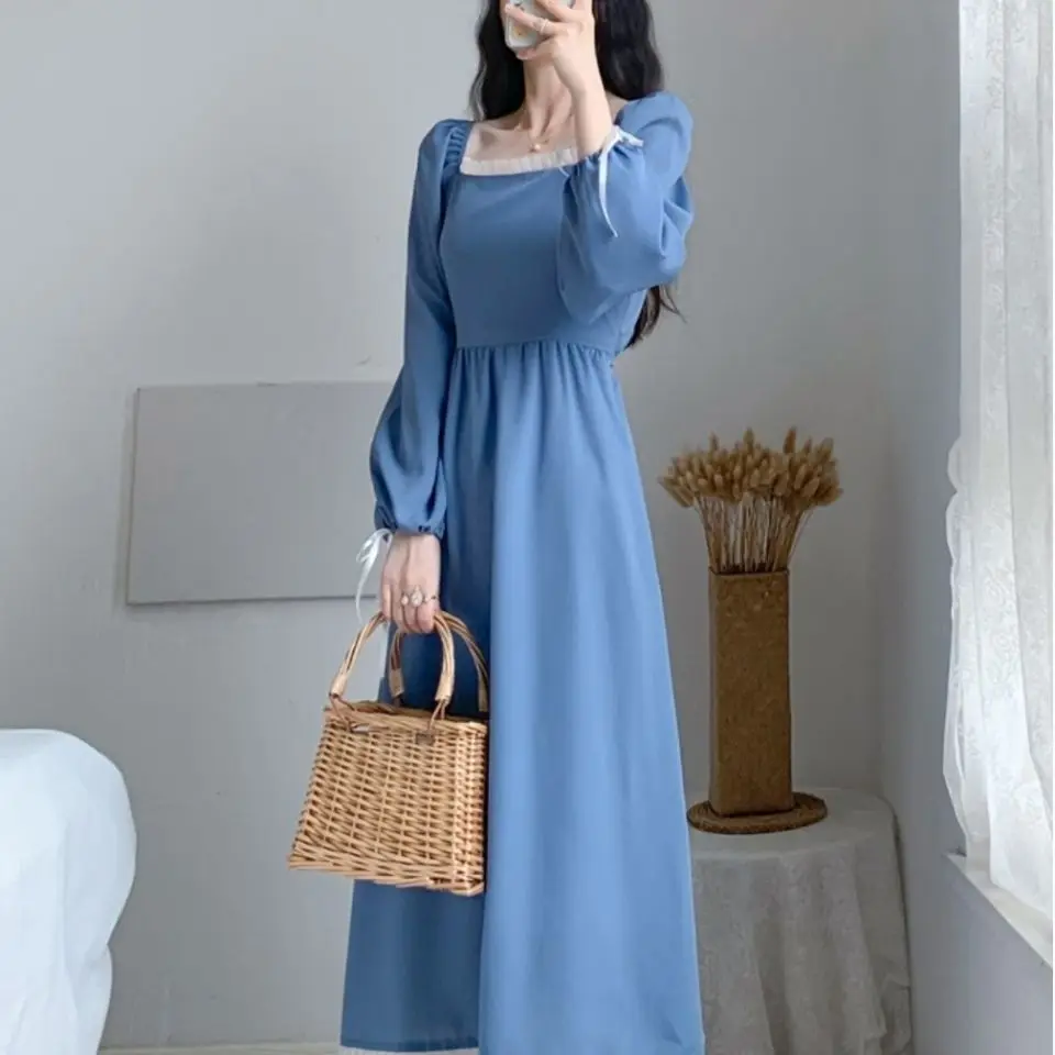 

Long Sleeve Dress Elegant Square Collar Patchwork Bow Lovely Fresh Pure Color Temperament High Waist A-Line Dresses Vestidos New