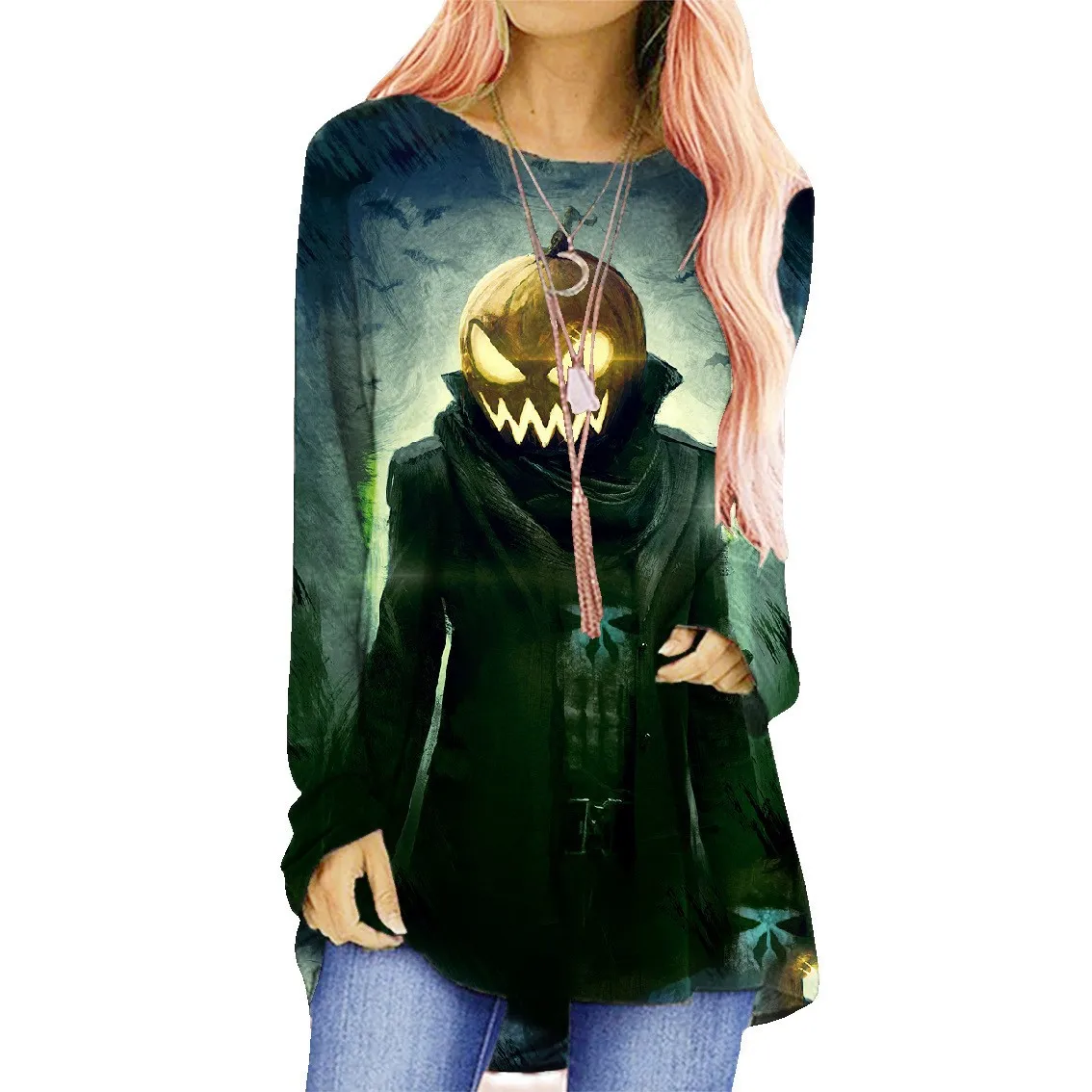 

Весенне-осенняя женская футболка с забавным цифровым принтом тыквы, пуловер с круглым вырезом, универсальный топ, повседневные топы с длинн...