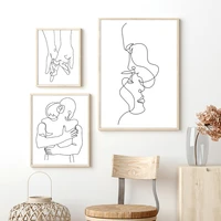 nordic minimalist figures line art hold hands body embrace wall canvas painting drawing posters prints decoration for livingroom