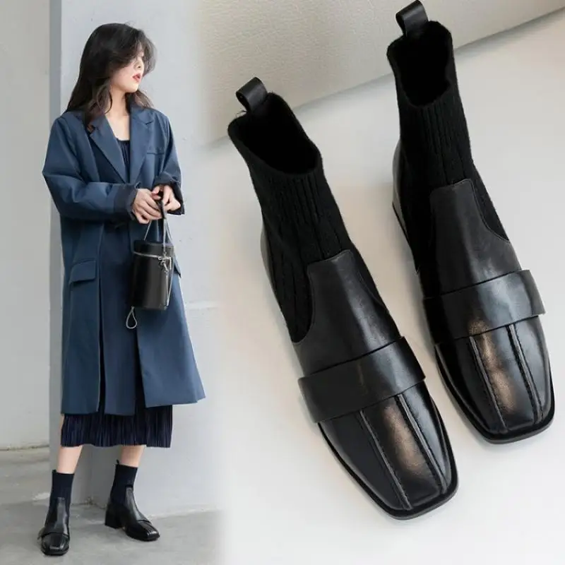 

SWONCO Genuine Leather Boots Woman Sock Shoes High Top Winter 2019 Female Fashion Ankle Boots Thick Heel Casual Shoes For Woman