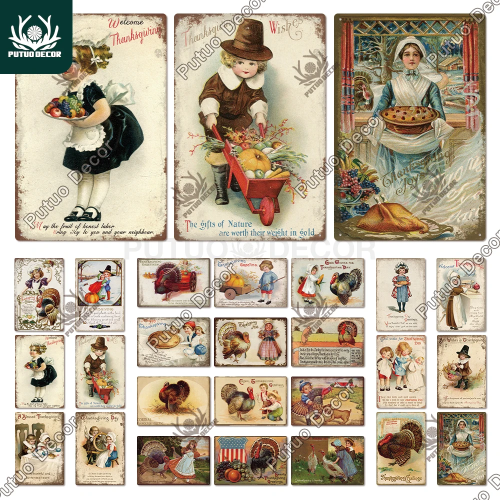 

Putuo Decor 2021Thanksgiving Vintage Tin Sign Metal Plate Funny Turkey Plqaue for Family Love Gift Home Kitchen Sweet Wall Decor