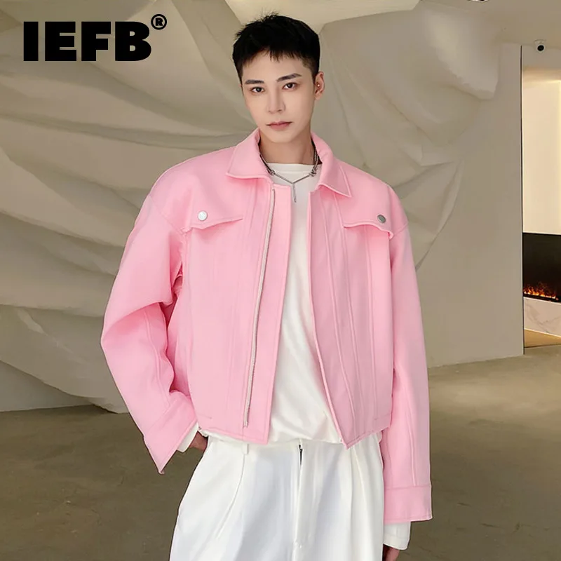 IEFB Menswear Pink Blue Jacket 2023 New Loose Lapel Zipper Long Sleeve Short Coat Autumn Winter Oversized Workwear Clothes 9D074