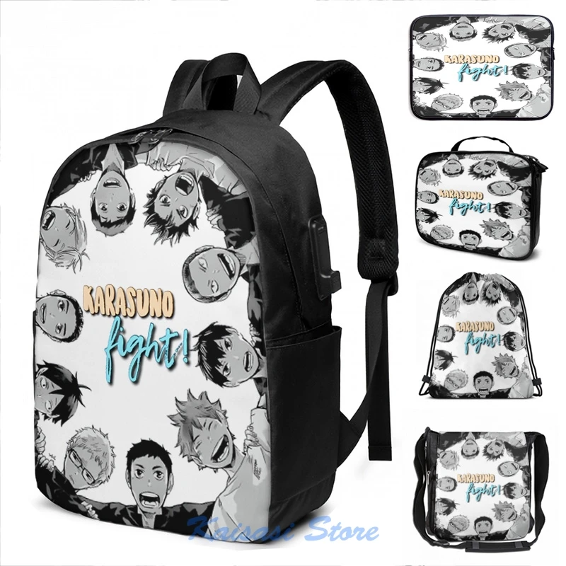 Забавная графическая печать Karasuno Fight! Haikyuu! Рюкзак с USB зарядкой для мужчин и