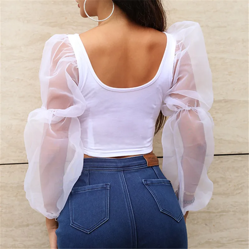 Женская футболка Женский пуловер с пышными рукавами укороченный топ U образным