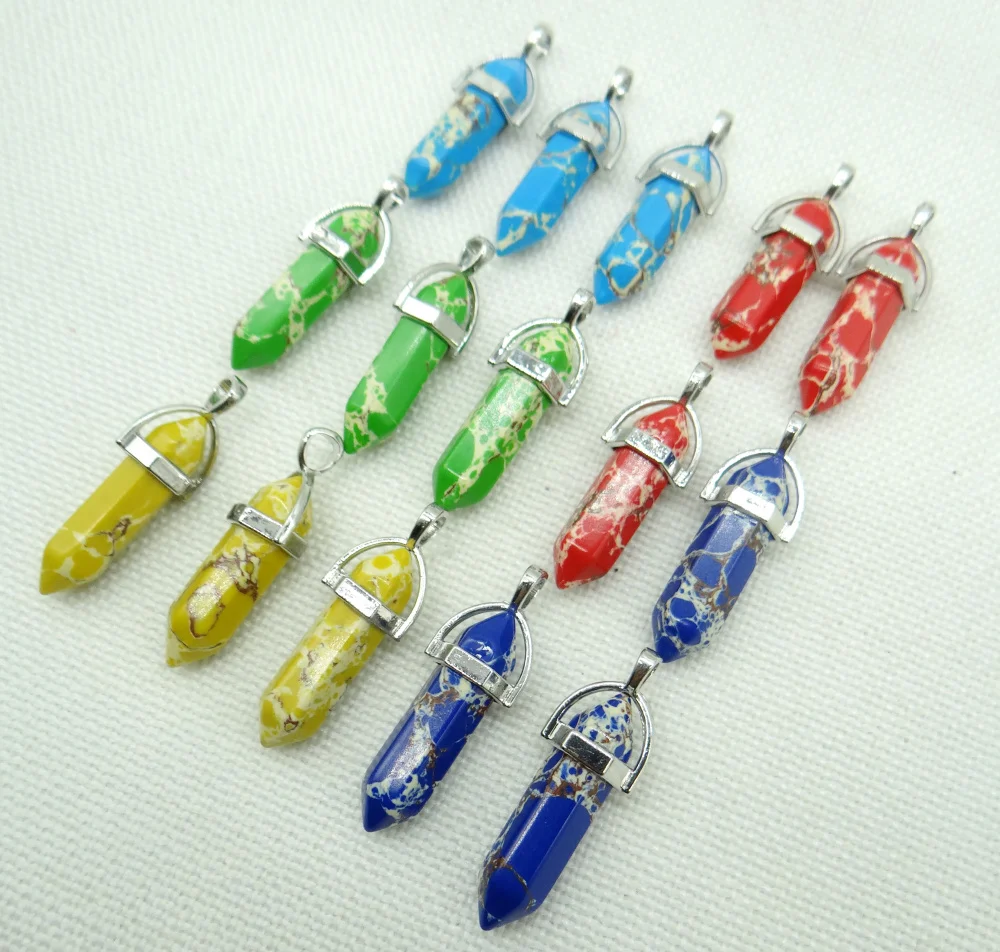 

Natural Gem Stone Quartz Crystal Lapis Opal Hexagonal Pendulum Reiki Charm Penduloum Pendants DIY Jewelry Making Necklaces 24Pcs