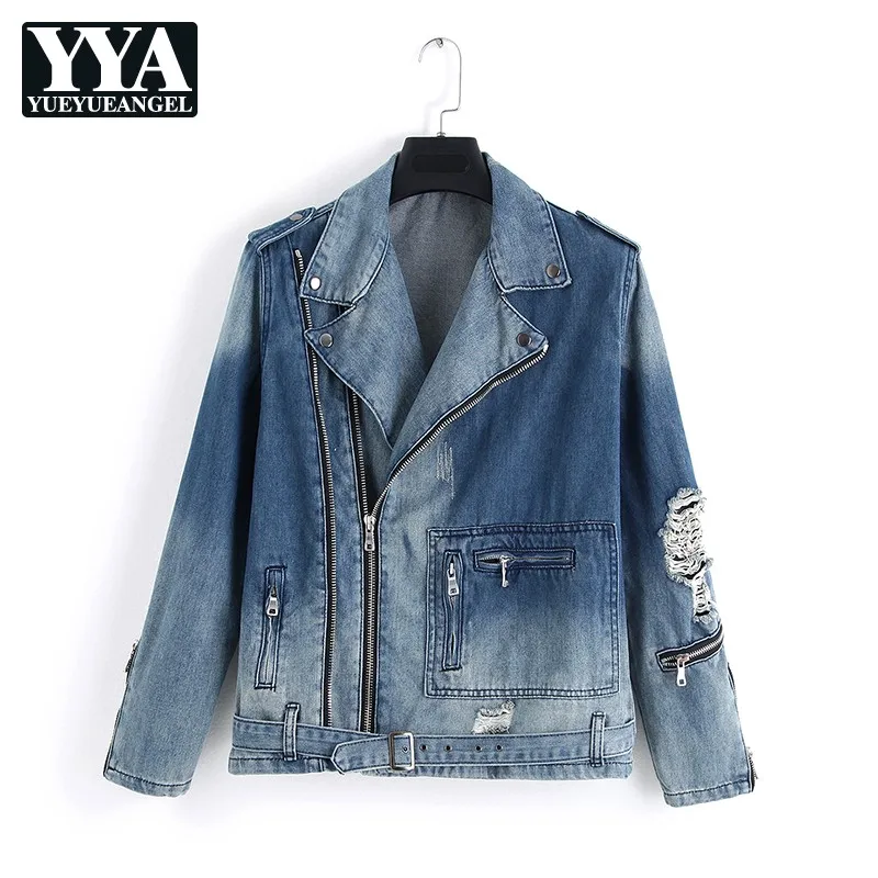 Мужская джинсовая куртка Harajuku на молнии с регулируемым поясом в стиле панк