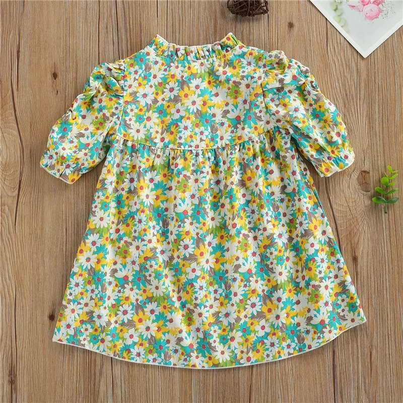 

2-7Years Little Girls Casual Dress,Children Kids Girls Summer Floral Printing Stand Collar Short Sleeve Cotton Princess Skirt