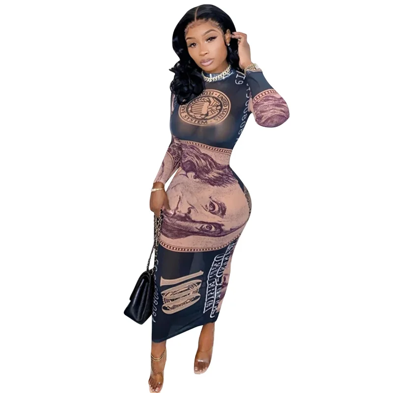 

Mesh See-Through Maxi Dress Summer Fashion Money Dollar Print Bodycon Long Sleeve Dresses Sexy Club Clothing Vestido Feminino