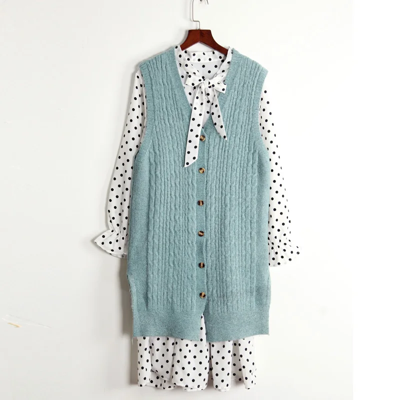 Women Autumn Suit Fashion Sunny Knit Vest and Dress Set Sleeveless Sweater Polka Two Piece Sets Fall Vintage 2 |