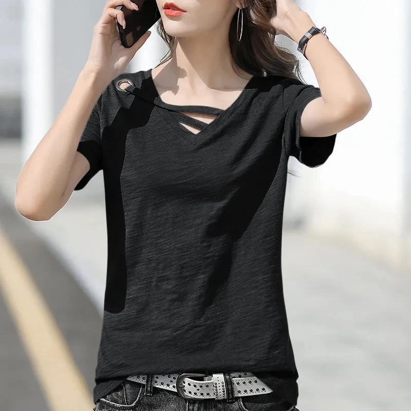 

Green White Bottoming Shirt Oversized Summer Tee Korea Women T-shirts Slim Top Short-sleeve Bandage Cross V Neck T Shirt Lady