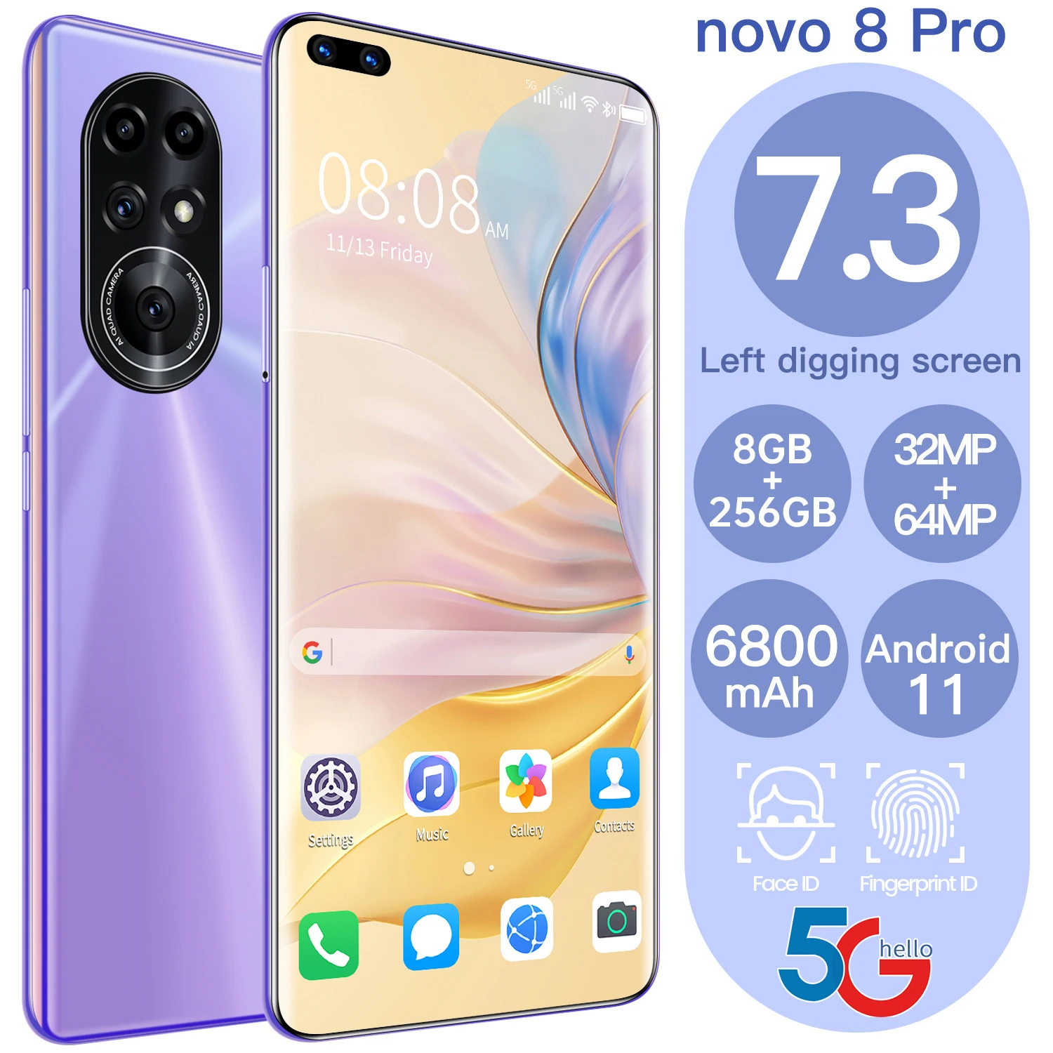 

8+128/256GB Novo8 Pro Smartphone Fingerprint Unlock Face Cellphone 7.3 Inch Curved Screen 32+64MP Mobilephone 6800mAh Battery