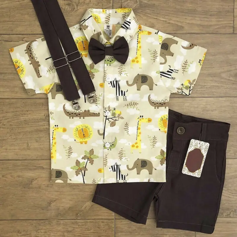 

CANIS Newborn Kid Baby Boys Summer Short Sleeve Button Bowknot Tops T-shirt Animal Pants Shorts Outfit 2pcs Set