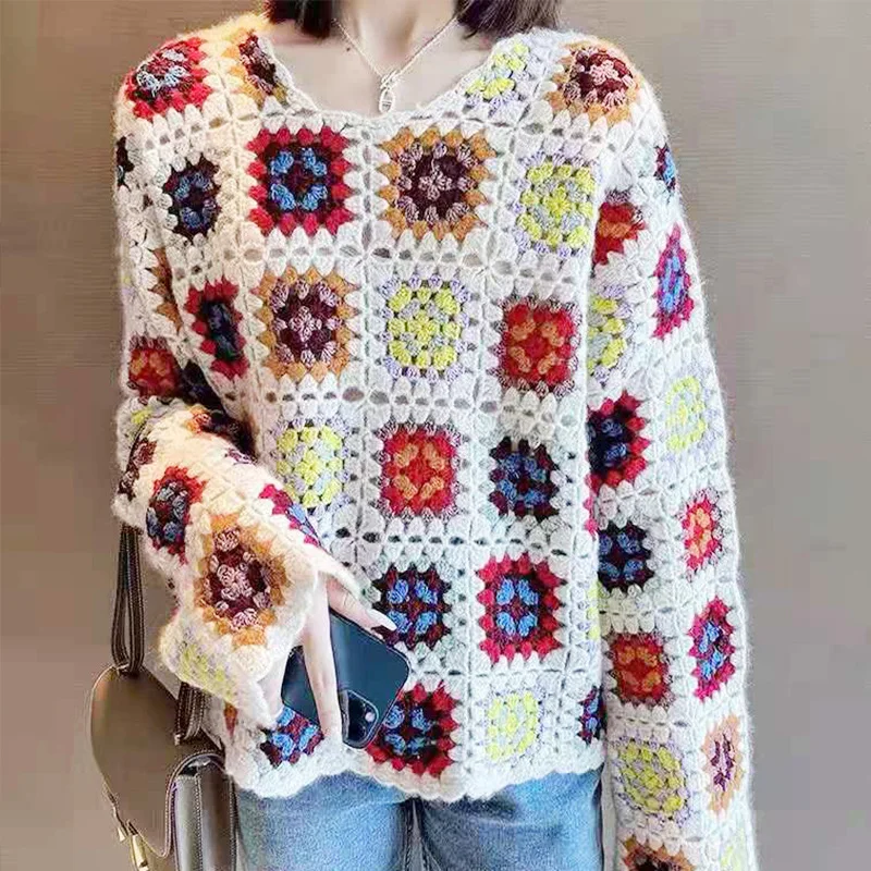 

Contrasting Color Tassel Sweater Coat Women Autumn New European Oversize Long-Sleeved Square Crocheted Flower Vintage Pullover