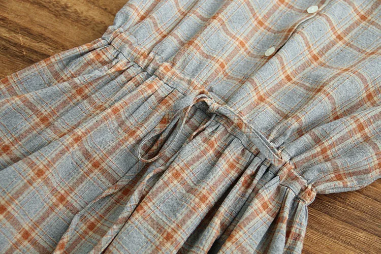 

Autumn Women Mori Girl Japan Style Fresh Bow Turn-down Collar Plaid Elastic Waist Dress Linen and Cotton Midi Dresses 2020