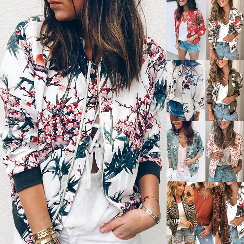 

На молнии с круглым вырезом повседневный спортивный костюм пальто с длинными рукавами и принтом тонкие куртки Femme Весна уличная ВИНТАЖНЫЕ п...