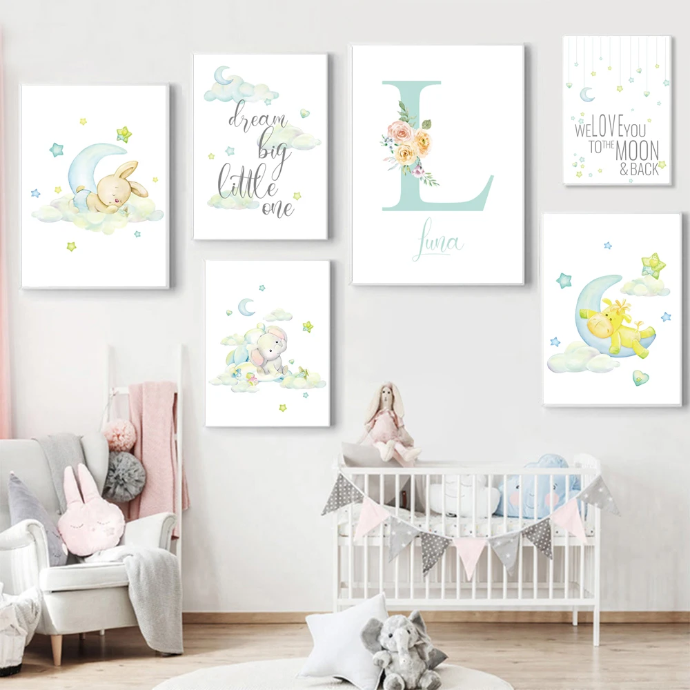 

Постер с именем на заказ, мультяшный слон, детская комната для мальчиков, настенное искусство, Луна, звезда, печать на холсте, картины, сканди...