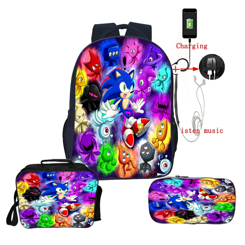 

Student Sonic USB Backpack Cartoon Primary School Bag Teen Bookbag Child Start School Gift(3pcs Set/rucksack Bag Pen Bag)