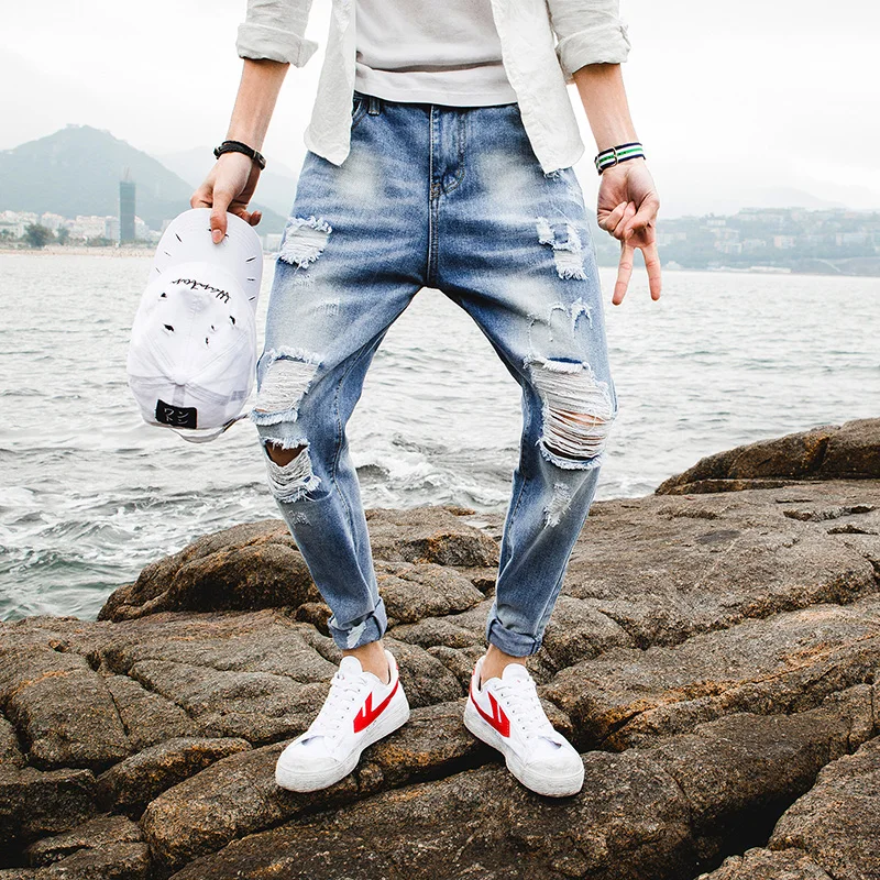 2019 новые весенние мужские рваные джинсы светло голубые дырочные брюки порт ветер