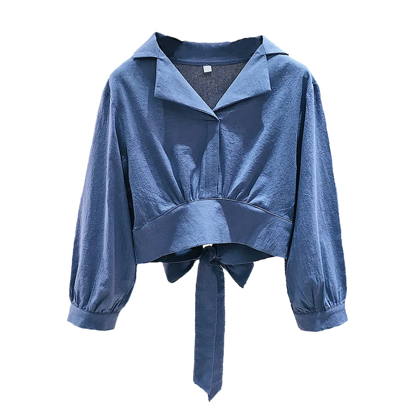 

2021 Spring New Fashion Solid Notched Shirt Short Waist New Design Women Blouses
