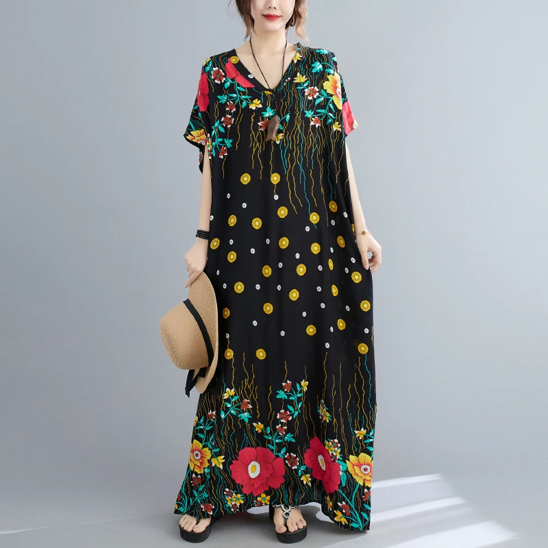 

DIMANAF 2021 Plus Size Summer Dress Women Vestidos Sundress Bohemian Flowers Black Print Long Dress Oversize Loose Casual 5XL
