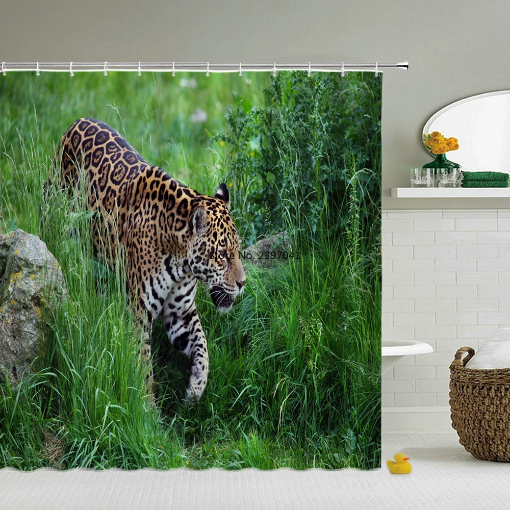 

Водонепроницаемые шторы для душа с животными, занавески для ванной комнаты в виде кота, тигра, слона, оленя, ткань 3d с крючками или ковриком