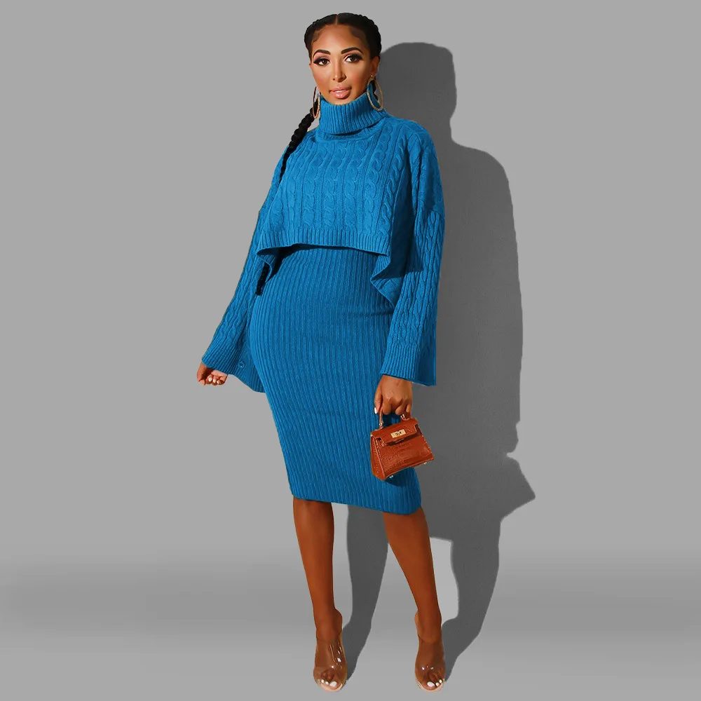 Autumn Winter Knitted Sweater Two Piece Set Turtleneck Long Sleeve Loose Crop Top+ Bandage Midi Tank Dress Plus Size Tracksuit