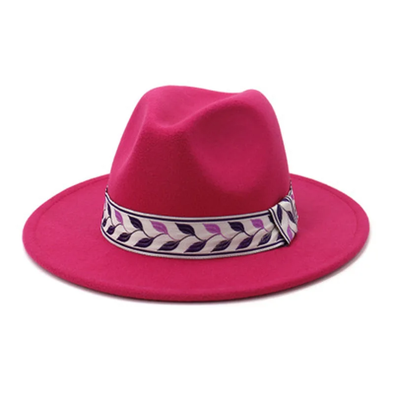 

fedora hat women men wide brim ribbon band felted hat women solid color caual vintage leaf print pink red black winter women hat
