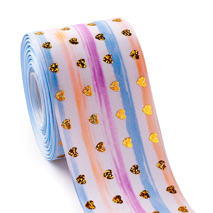 

Золотая Лазерная Фольга, 3 дюйма, 75 мм, 10 ярдов, с принтом любовного сердца, цветная полосатая корсажная лента