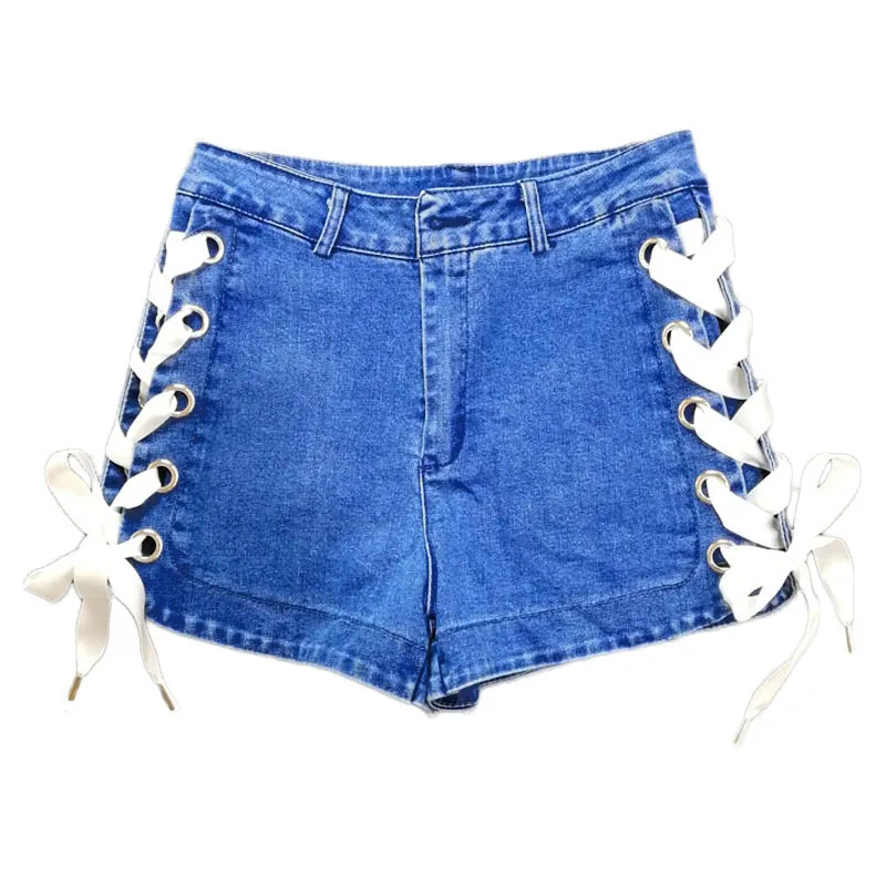 

Women Side Lace Up Skinny Slim Denim Jeans Shorts Ladies 2021 Summer Vintage High Waist Casual Beach Streetwear Shorts