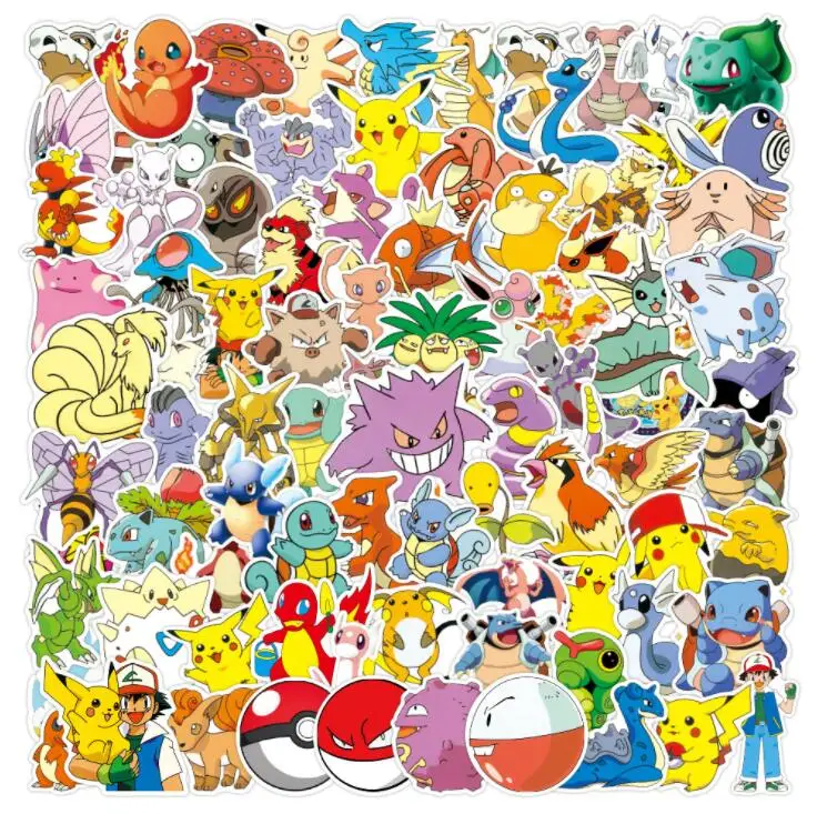 Stikers de dibujos animados para ni&ntilde;os, juguetes impermeables de Pokemon, Pikachu, stikers, monopat&iacute;n, guitarra, port&aacute;til, 100 Uds.-1