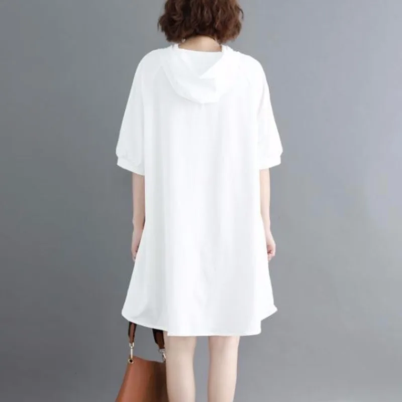 #3214 Blue/White Hooded T Shirt Dress For Women Short Sleeves Loose Cotton Casual Printed T-shirt Dresses Ladies Sexy Summer | Женская
