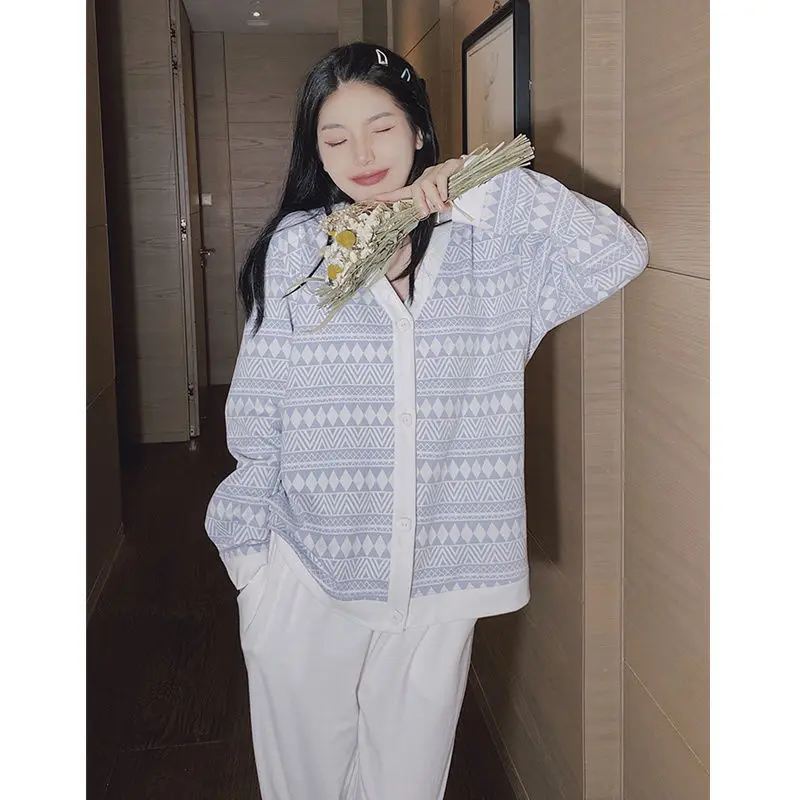 QWEEK Knitted Pijama Autumn Women's Pajamas Geometric Brief Female Set Sleepwear Warm Winter Long Sleeve Pyjama Suit Loungewear