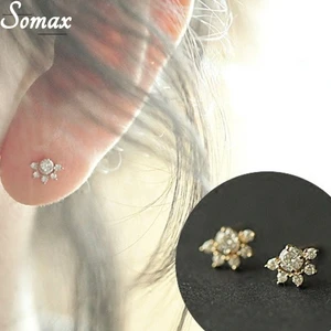 Real 925 Sterling Silver 14k Gold Plated Stud Earrings Gold Sun Shaped Zircon Earrings Female Korean Style Jewelry Accessories