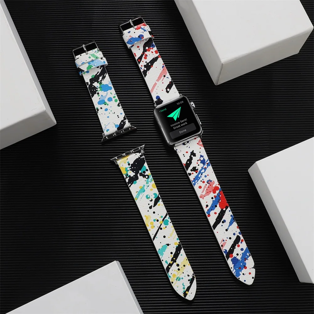 

Painted Print Leather Strap for Apple Watch SE Band 40mm 44mm 38mm 42mm Colourful Bracelet for iWatch Series 6 5 4 3 2 1 Belt